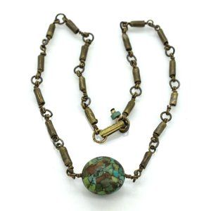 VINTAGE turquoise color variscite nugget pendant necklace brass tone chain 16"
